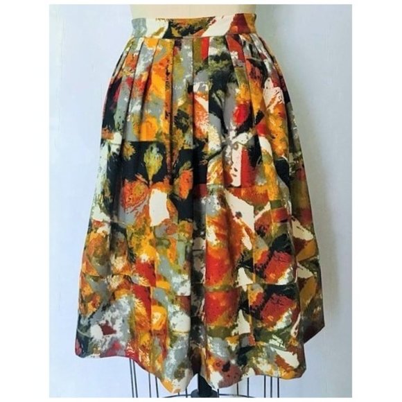 CHELSEA & THEODORE RUST MUSTARD GREEN ABSTRACT WATERCOLOR FULL SKIRT 12 NWOT - Picture 3 of 9